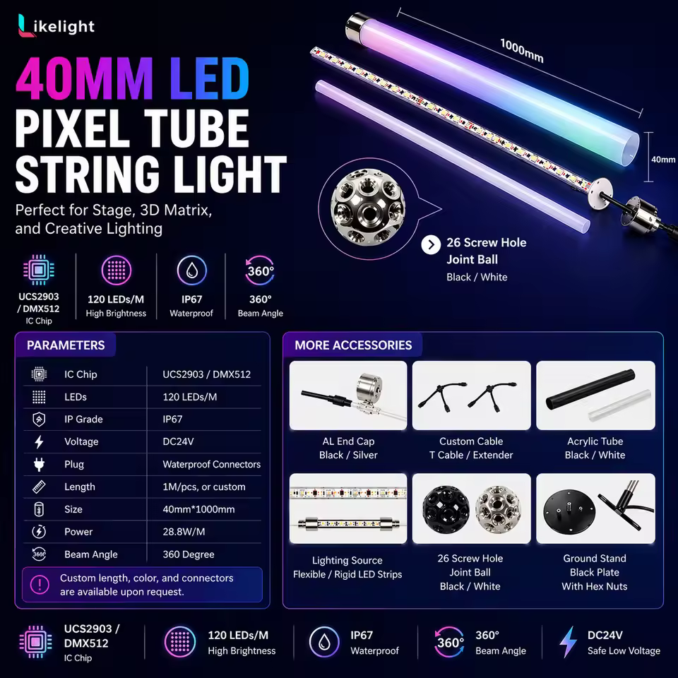 Tubo LED Pixel RGB 360° IP67 DMX512 da 1 m — dettaglio 3